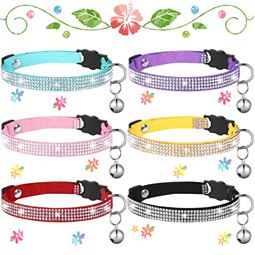 6 Pcs Rhinestones Cat Collar Breakaway Bling Diamond Cat Collar for Girl Boy Cats Collar with Bell Soft Velvet Adjustable Safety Shine Collar for Cat Puppy (Lovely Color, 7.9-9.8 inch)