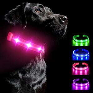 hzk light up dog collar, led glow collar with usb rechargeable lighted bright, dog flashing collar waterproof, 4 colors with 3 sizes for small medium large dogs – pink, l