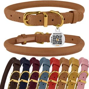 bronzedog rolled leather dog collar with qr id dog tag durable round personalized collars small medium large dogs puppy cat (7-8 inch, light brown)