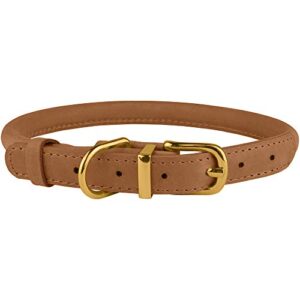 BRONZEDOG Rolled Leather Dog Collar with QR ID Dog Tag Durable Round Personalized Collars Small Medium Large Dogs Puppy Cat (7-8 Inch, Light Brown)