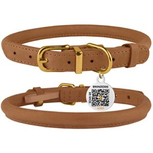 BRONZEDOG Rolled Leather Dog Collar with QR ID Dog Tag Durable Round Personalized Collars Small Medium Large Dogs Puppy Cat (7-8 Inch, Light Brown)