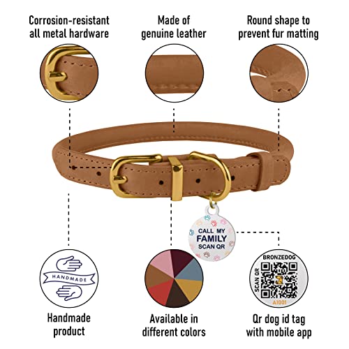 BRONZEDOG Rolled Leather Dog Collar with QR ID Dog Tag Durable Round Personalized Collars Small Medium Large Dogs Puppy Cat (7-8 Inch, Light Brown)