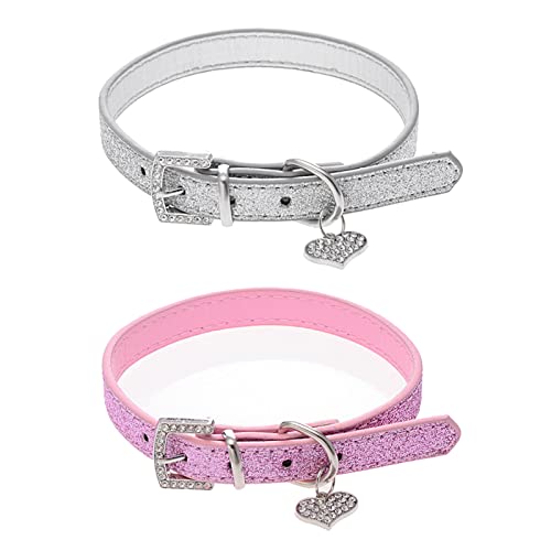 Collar with Heart Pendant PU Leather Comfortable Kitten Collars Adjustable Length Small Pets Supplies Pink & Silver pet Collars for Dogs Girl