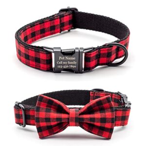 personalized dog collar with bowtie, classic custom engraved collar with customized text for large medium small dogs (red/black plaid) (black buckle)