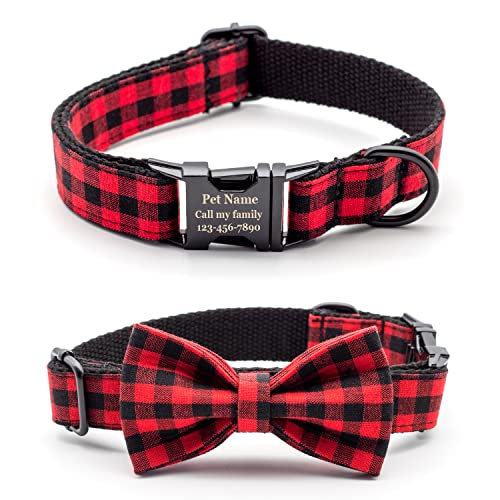 Personalized Dog Collar with Bowtie, Classic Custom Engraved Collar with Customized Text for Large Medium Small Dogs (Red/Black Plaid) (Black Buckle)