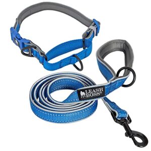 leashboss reflective martingale collar and 6 ft leash with padded handle, medium collar 14.5-17″ neck, blue