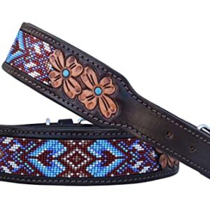 Leather Dog Collar Extra Small Size Western Style Heavy Duty Hand Tooled Adjustable Beaded and Padded Soft for Puppies and Big Dogs 10AB032-XS