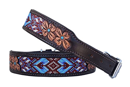 Leather Dog Collar Extra Small Size Western Style Heavy Duty Hand Tooled Adjustable Beaded and Padded Soft for Puppies and Big Dogs 10AB032-XS