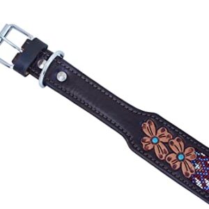 Leather Dog Collar Extra Small Size Western Style Heavy Duty Hand Tooled Adjustable Beaded and Padded Soft for Puppies and Big Dogs 10AB032-XS