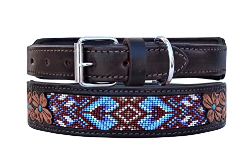 Leather Dog Collar Extra Small Size Western Style Heavy Duty Hand Tooled Adjustable Beaded and Padded Soft for Puppies and Big Dogs 10AB032-XS