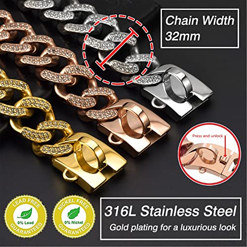 Dog Chain Diamond Cuban Collar, 32MM Heavy Duty Chew Proof Walking Chain Collar with Safe Buckle Design, Luxurious Necklace for Medium Large Dogs