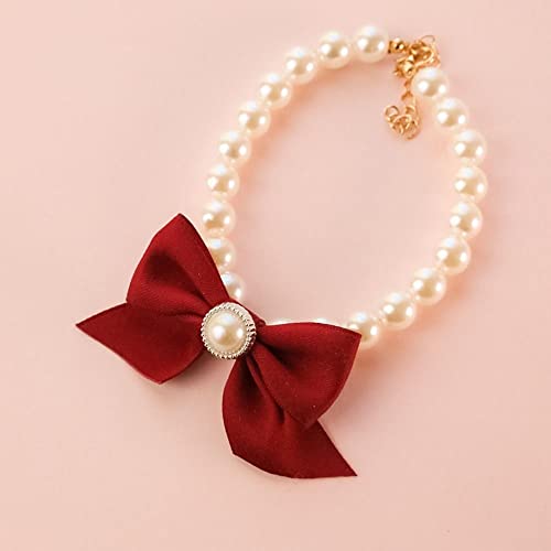 Pet Dog Necklace Adjustable Stylish Simulation Pearl Bow Collar Elegant Party Dress Up Collars for Cat Puppy Costume Accessory(M 25-31cm,Red)