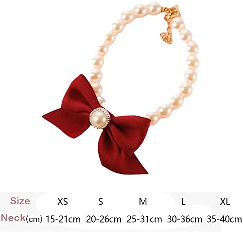 Pet Dog Necklace Adjustable Stylish Simulation Pearl Bow Collar Elegant Party Dress Up Collars for Cat Puppy Costume Accessory(M 25-31cm,Red)