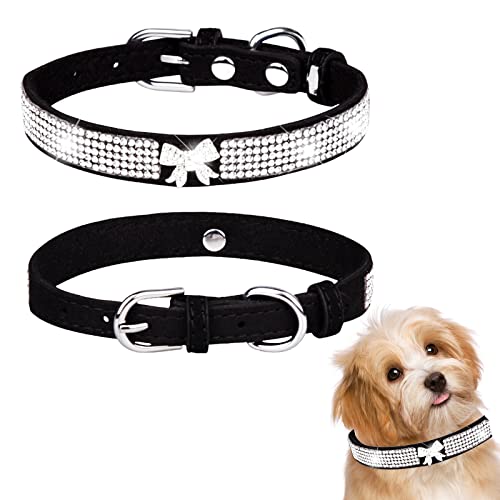 Bling Rhinestone Dog Cat Collar Adjustable Leather Dog Cat Rhinestone Collar for Small Medium Large Dogs（XXS 10"-L 20"） Black