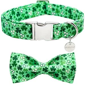 up urara pup st. patrick’s day dog collar with bow tie, cotton st. patrick’s day bowtie collar for large girl boy dog, lucky shamrock dog collar with metal buckle, green, spring, l, neck 16-24in