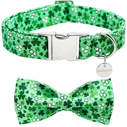 UP URARA PUP St. Patrick's Day Dog Collar with Bow Tie, Cotton St. Patrick's Day Bowtie Collar for Large Girl Boy Dog, Lucky Shamrock Dog Collar with Metal Buckle, Green, Spring, L, Neck 16-24in