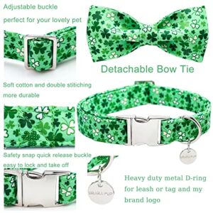 UP URARA PUP St. Patrick's Day Dog Collar with Bow Tie, Cotton St. Patrick's Day Bowtie Collar for Large Girl Boy Dog, Lucky Shamrock Dog Collar with Metal Buckle, Green, Spring, L, Neck 16-24in