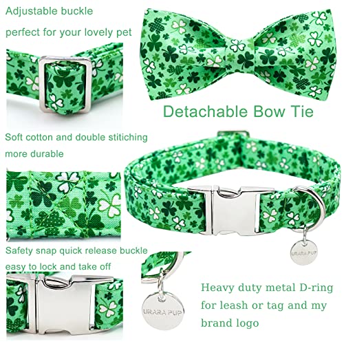 UP URARA PUP St. Patrick's Day Dog Collar with Bow Tie, Cotton St. Patrick's Day Bowtie Collar for Large Girl Boy Dog, Lucky Shamrock Dog Collar with Metal Buckle, Green, Spring, L, Neck 16-24in