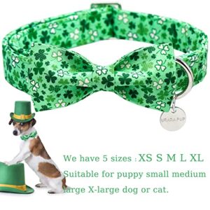 UP URARA PUP St. Patrick's Day Dog Collar with Bow Tie, Cotton St. Patrick's Day Bowtie Collar for Large Girl Boy Dog, Lucky Shamrock Dog Collar with Metal Buckle, Green, Spring, L, Neck 16-24in