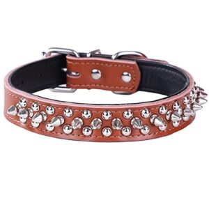 serijoars adjustable genuine leather spiked studded dog collars for small medium large pets /pit bull/bulldog/pugs/husky (l, brown2)