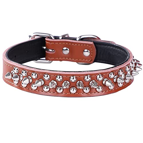 Serijoars Adjustable Genuine Leather Spiked Studded Dog Collars for Small Medium Large Pets /Pit Bull/Bulldog/Pugs/Husky (L, Brown2)