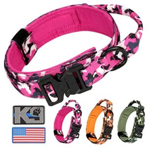 tactical dog collar for medium large dogs, wanyang military dog collar with quick release metal buckle k9 dog training working, adjustable nylon collars with handle, pink camo