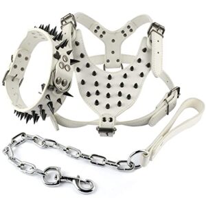 sxnbh spikes white leather dog harness collar and leash set heavy duty for boxer leather leash ( size : m )