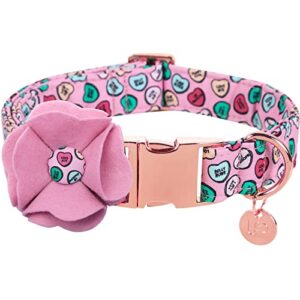 up urara pup valentine’s day dog collar with felt flower, valentine flower collar for medium girl dog, valentine’s day & wedding gift pet collar, cotton collar with metal buckle, m, neck 13.5-22in