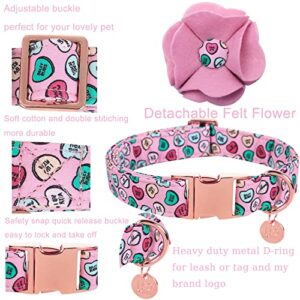 UP URARA PUP Valentine’s Day Dog Collar with Felt Flower, Valentine Flower Collar for Medium Girl Dog, Valentine’s Day & Wedding Gift Pet Collar, Cotton Collar with Metal Buckle, M, Neck 13.5-22in