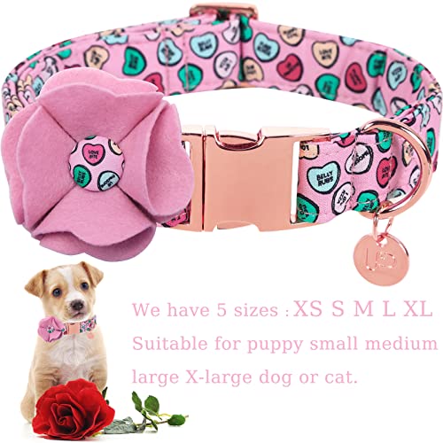 UP URARA PUP Valentine’s Day Dog Collar with Felt Flower, Valentine Flower Collar for Medium Girl Dog, Valentine’s Day & Wedding Gift Pet Collar, Cotton Collar with Metal Buckle, M, Neck 13.5-22in