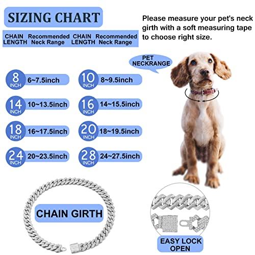 Flatfoosie Dog Chain Collar Walking Metal Chain Collar Cuban Link Dog Collar with Secure Buckle 14MM Pet Gold Chain Dog Collars for Small Medium Large Dogs Cats (16 inch, Silver)