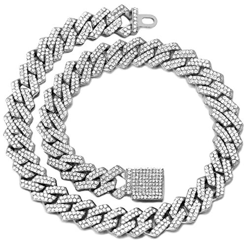 Flatfoosie Dog Chain Collar Walking Metal Chain Collar Cuban Link Dog Collar with Secure Buckle 14MM Pet Gold Chain Dog Collars for Small Medium Large Dogs Cats (16 inch, Silver)