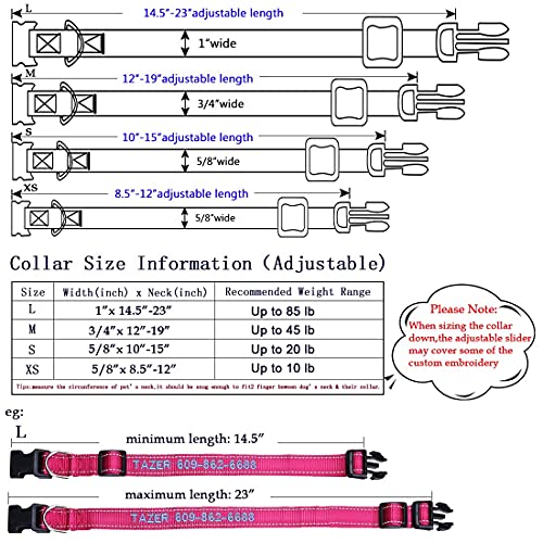 Personalized Dog Collar, Custom Embroidered Pet Name and Phone Number 4 Adjustable Sizes X-Small Small Medium Large Quick Release Buckle and D-Ring