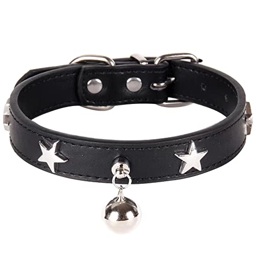 Dog Collar, Dog Collars with Bell, Adjustable PU Leather Buckle Pet Necklace with Star Studded Leather Pet Collar for Small Medium Large Dogs (S)