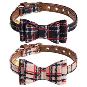 tailgoo classic plaid puppy collars 2 pack – adjustable black & beige pet collars with golden bell and bowtie for small puppies cats, leather collar