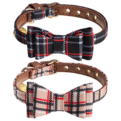 TAILGOO Classic Plaid Puppy Collars 2 Pack - Adjustable Black & Beige Pet Collars with Golden Bell and Bowtie for Small Puppies Cats, Leather Collar