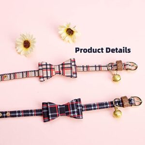 TAILGOO Classic Plaid Puppy Collars 2 Pack - Adjustable Black & Beige Pet Collars with Golden Bell and Bowtie for Small Puppies Cats, Leather Collar