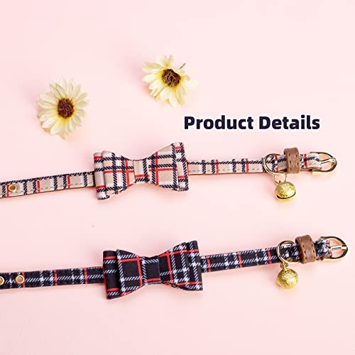 TAILGOO Classic Plaid Puppy Collars 2 Pack - Adjustable Black & Beige Pet Collars with Golden Bell and Bowtie for Small Puppies Cats, Leather Collar