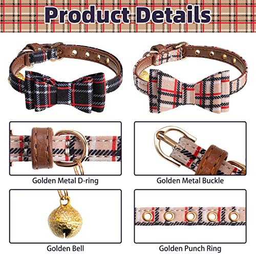 TAILGOO Classic Plaid Puppy Collars 2 Pack - Adjustable Black & Beige Pet Collars with Golden Bell and Bowtie for Small Puppies Cats, Leather Collar