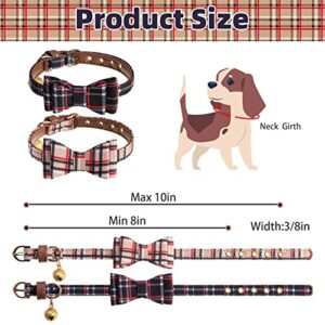 TAILGOO Classic Plaid Puppy Collars 2 Pack - Adjustable Black & Beige Pet Collars with Golden Bell and Bowtie for Small Puppies Cats, Leather Collar