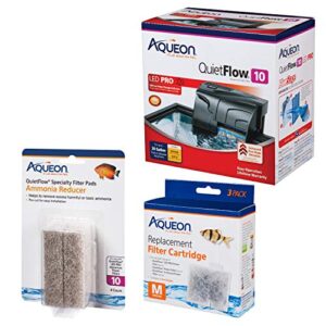 aqueon quietflow 10 filter, 4 medium filter cartridges, 5 ammonia pads and water conditioner bundle pack for up to 20 gallon aquarium fish tanks