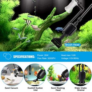 AQQA Aquarium Gravel Cleaner, 6-in-1 Electric Fish Tanks Gravel Vacuum Cleaner Set for Remove Dirt, Change Water, Wash Sand, Water Shower, Water Circulation (20W, 320GPH)