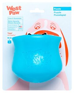west paw zogoflex toppl treat dispensing dog toy puzzle – interactive chew toys for dogs – dog toy for moderate chewers, fetch, catch – holds kibble, treats, large 4″, aqua blue