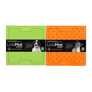 lickimat slow feeder for dogs, boredom & anxiety reducer; for food, treats, yogurt, or peanut butter. fun alternative to a slow feed dog bowl, 2-pack classic dog buddy & soother, green & orange.