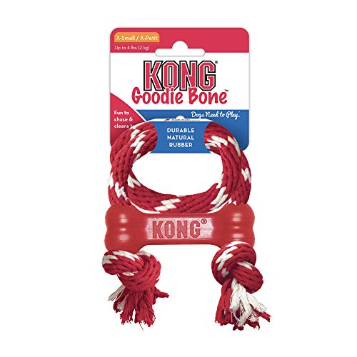 KONG - Goodie Bone with Rope - Durable Rubber Chew Bone, Teeth Cleaning Dog Toy - for X-Small Dogs