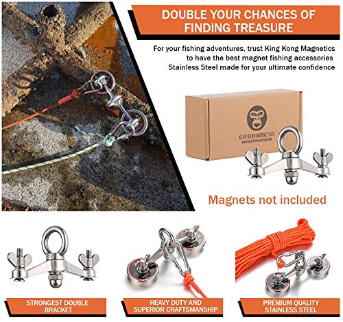 King Kong Magnetics Fishing Magnet Double Bracket to Hold 2X 60mm Neodymium Fishing Magnets - Strong Stainless Steel Design, Precision Engineered to Last | Double Your Chances of Finding Treasure