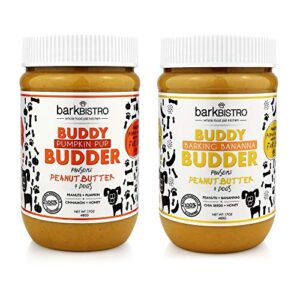 buddy budder barkin’ banana pumpkin pup, dog peanut butter, healthy dog treats, peanut butter dog treats, stuff in toy, dog enrichment – made in usa (set of 2 / 17oz jars)