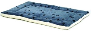 reversible paw print pet bed in blue / white, dog bed measures 35l x 21.5w x 3.5h for intermediate size dogs, machine wash