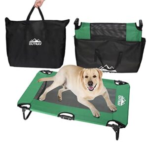 outrav elevated dog cot with steel frame – foldable raised play and rest bed for dogs and cats – heavy duty strong material – pet cot with bonus storage bag (small 30” x 20” x 7”, green)