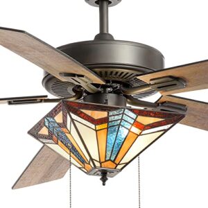 RIVER OF GOODS Tiffany-Style Stained Glass Ceiling Fan - 52" L x 52" W - Rich Barnwood/Light Driftwood Fan Blades